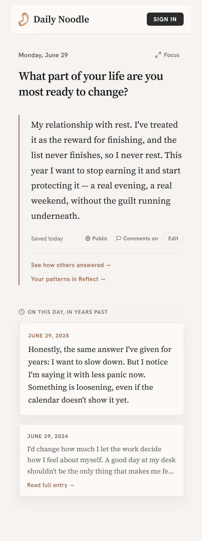 Daily Noodle on mobile — the daily question and a saved answer with previous years below